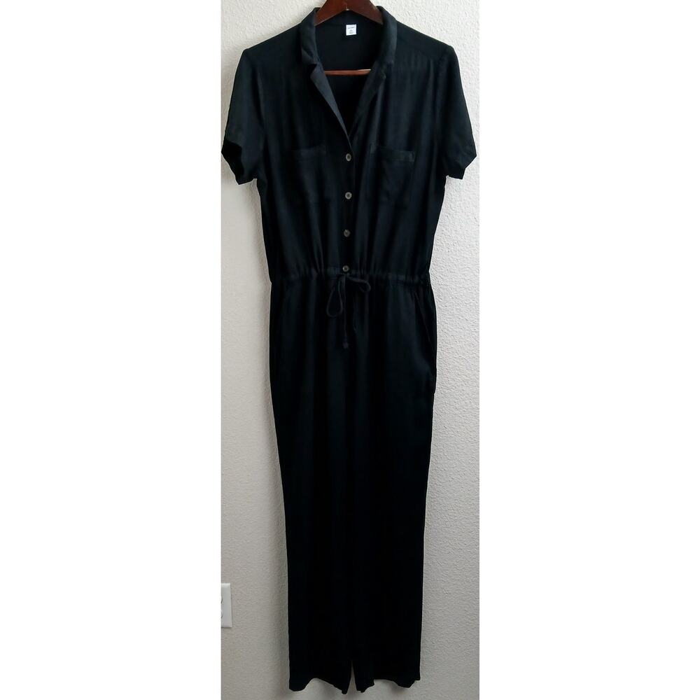 Old Navy Waist Defined Utility Jumpsuit L Tall black linen-blend pockets SSlv - Picture 3 of 16
